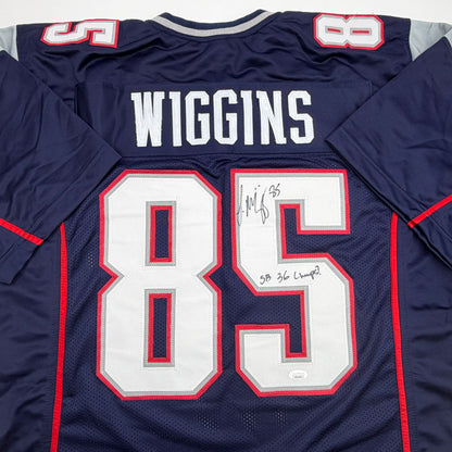 Autographed/Signed Jermaine Wiggins SB 36 Champs New England Blue Football Jersey JSA COA