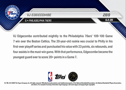 2025 Topps Now VJ Edgecombe #289 Youngest Guard Ever with 20+ Points in Game 7 Performance Philadelphia 76ers Rookie RC Basketball Card