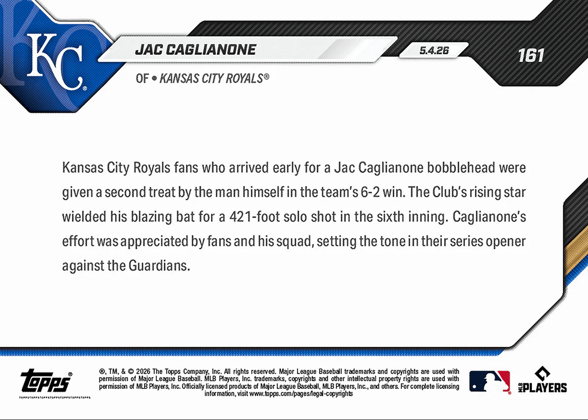 2026 Topps Now Jac Caglianone #161 Blazing Bat Shines with Home Run on Bobblehead Night Kansas City Royals Rookie RC Baseball Card