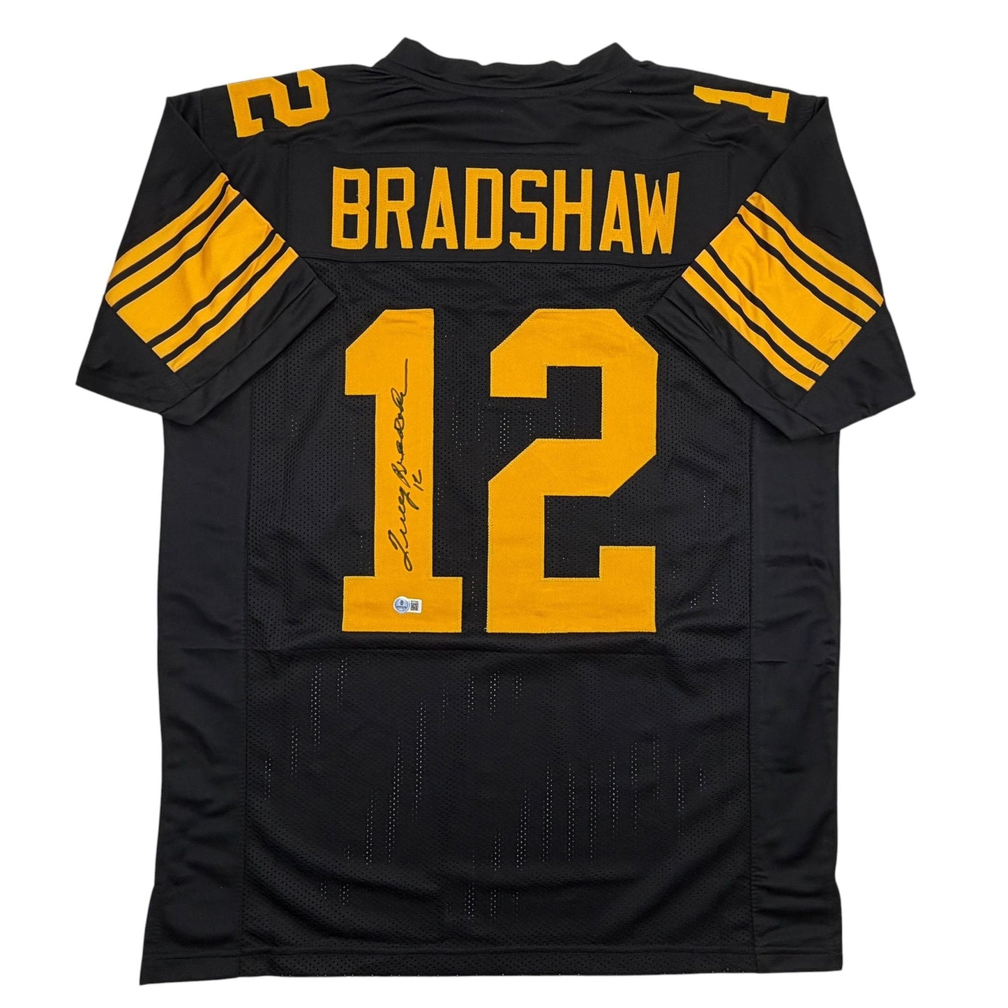 Autographed/Signed Terry Bradshaw Pittsburgh Black Color Rush Football Jersey Beckett BAS COA