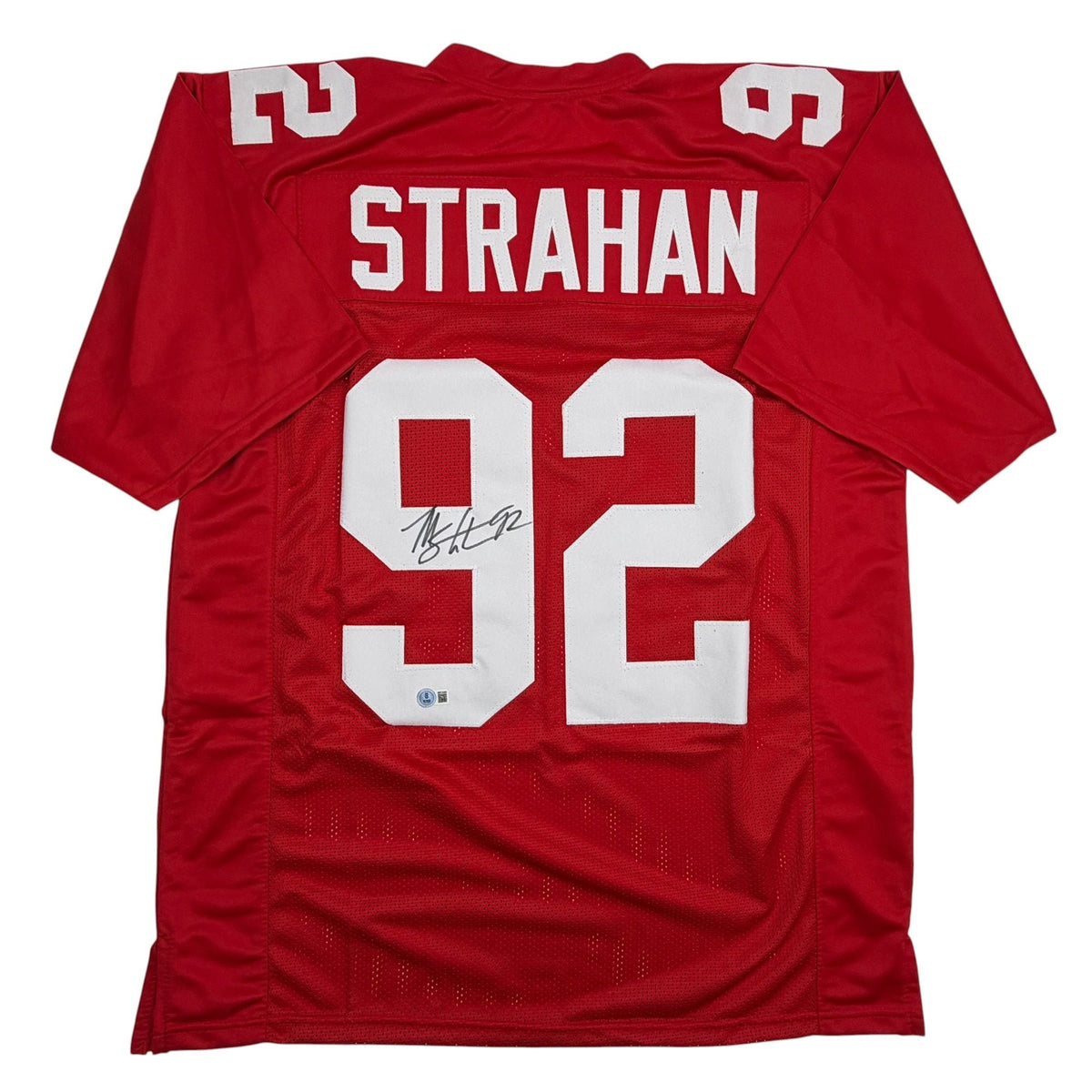 Autographed/Signed Michael Strahan New York Red Football Jersey Beckett BAS COA
