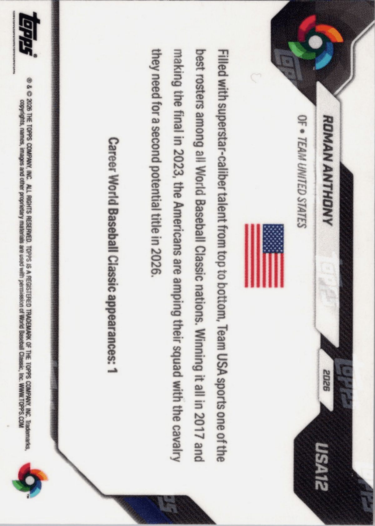 2026 Topps Now WBC Roman Anthony #USA12 Logo Refractor Team USA Baseball Card