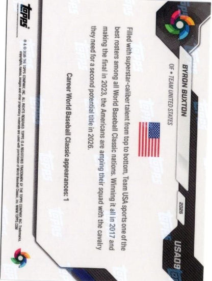 2026 Topps Now WBC Byron Buxton #USA08 Logo Refractor Team USA Baseball Card