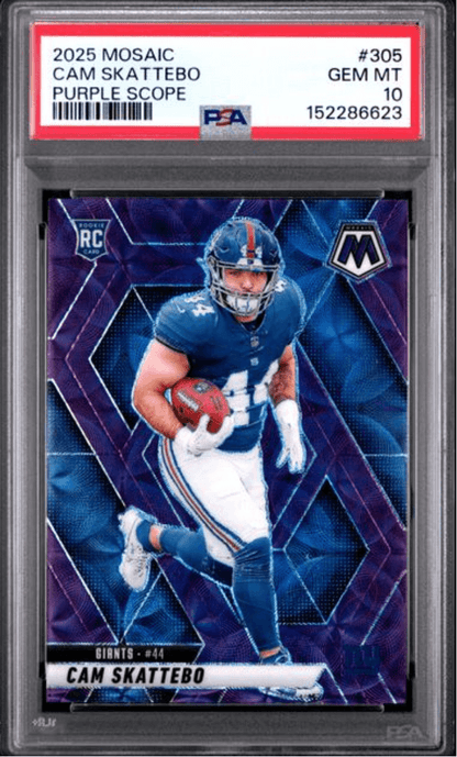 Graded 2025 Panini Mosaic Cam Skattebo #305 Purple Scope Rookie RC Football Card PSA 10 Gem Mint