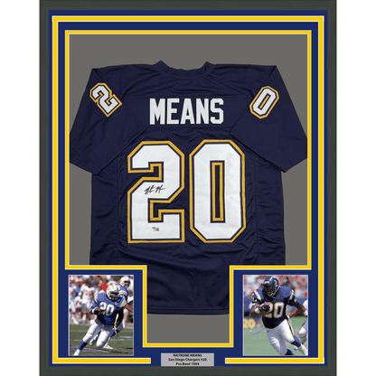 Framed Autographed/Signed Natrone Means 35x39 Los Angeles San Diego Navy Blue Football Jersey Beckett BAS COA