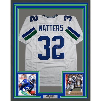 Framed Autographed/Signed Ricky Watters 35x39 Seattle White Football Jersey Beckett BAS COA