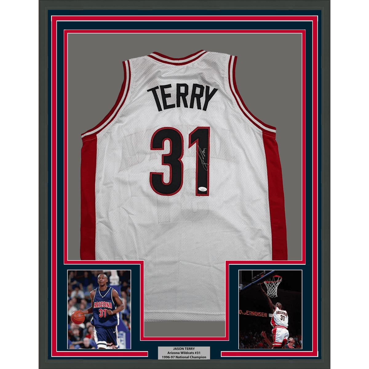 Framed Autographed/Signed Jason Terry 35x39 Arizona White College Basketball Jersey JSA COA