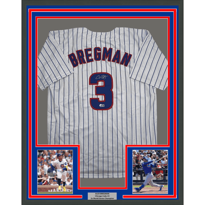 Framed Autographed/Signed Alex Bregman 35x39 Chicago Pinstripe Baseball Jersey Beckett BAS COA