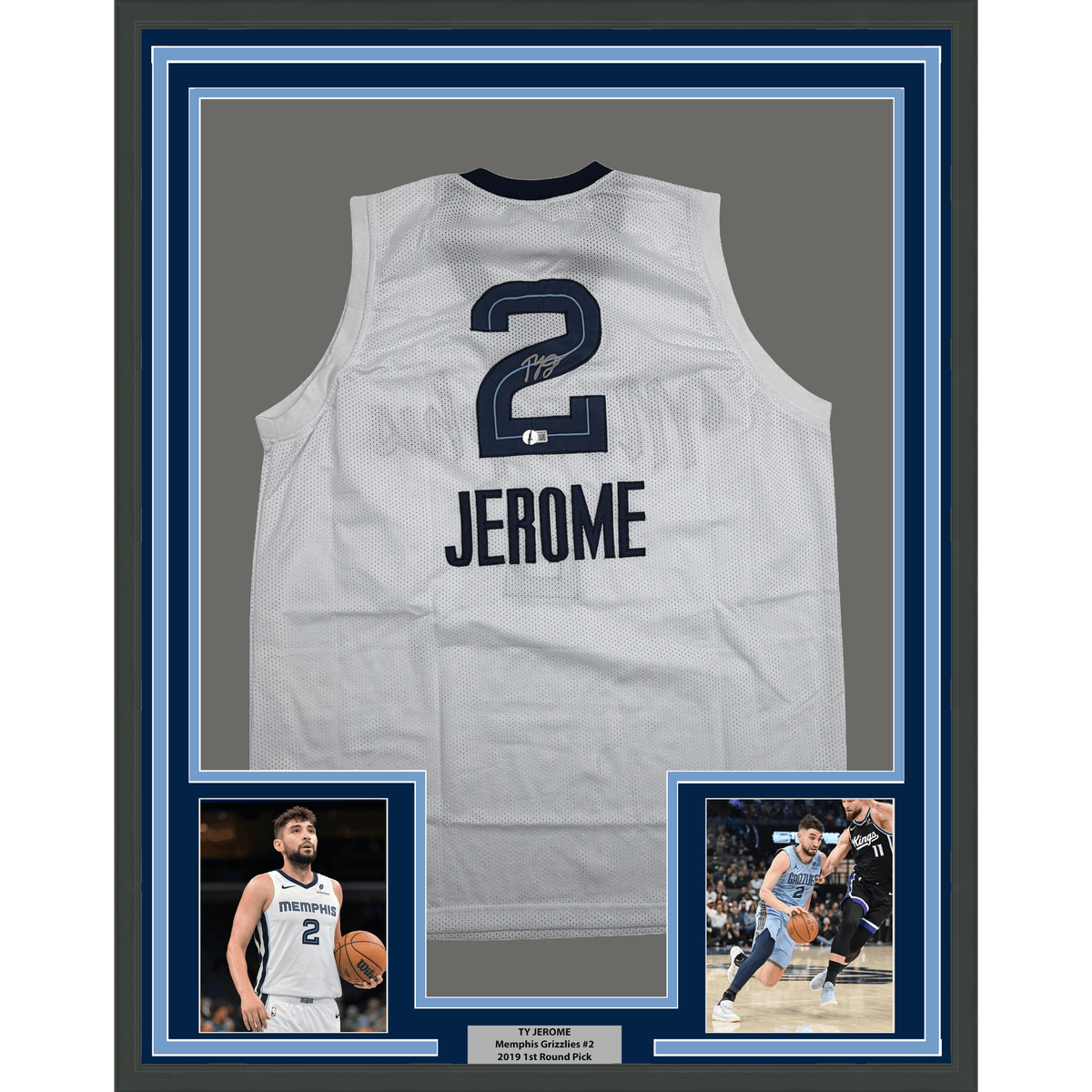 Framed Autographed/Signed Ty Jerome 35x39 Memphis White Basketball Jersey Beckett BAS COA