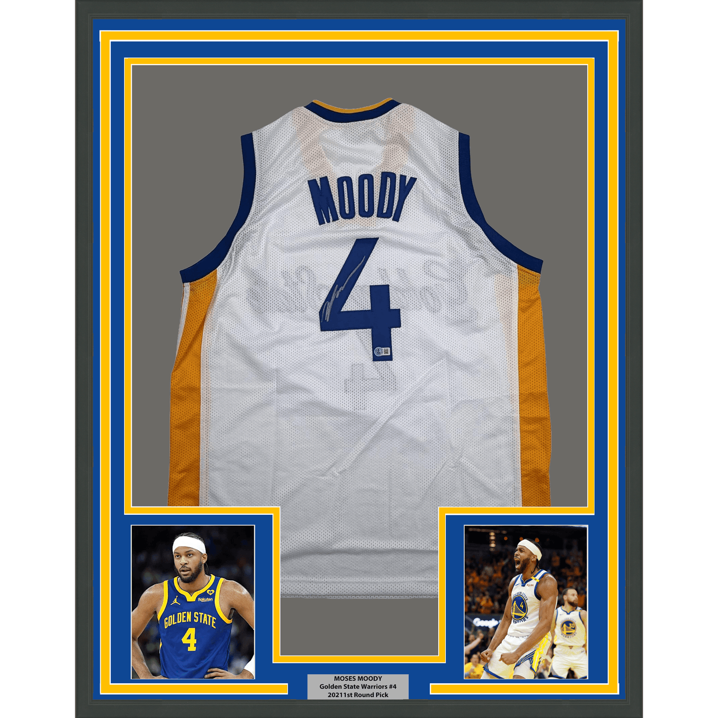Framed Autographed/Signed Moses Moody 35x37 Golden State White Basketball Jersey Beckett BAS COA