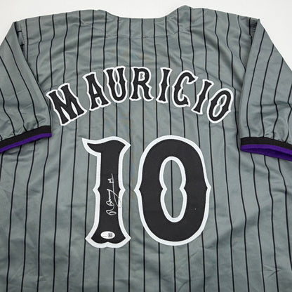 Autographed/Signed Ronny Mauricio New York Grey Pinstripe City Connect Baseball Jersey Beckett BAS COA