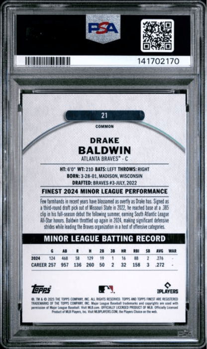 Graded 2025 Topps Finest Drake Baldwin #21 Purple Refractor /250 Rookie RC Baseball Card PSA 10 Gem Mint