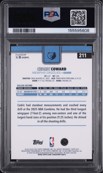 Graded 2025 Topps Cedric Coward #211 Rookie RC Basketball Card PSA 10 Gem Mint