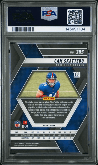Graded 2025 Panini Mosaic Cam Skattebo #305 Reactive Purple Rookie RC Football Card PSA 10 Gem Mint