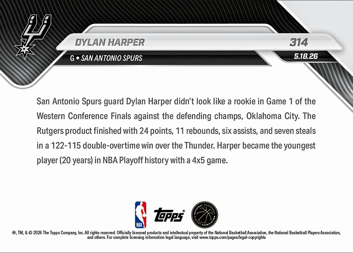 2025 Topps Now Dylan Harper #314 Youngest in NBA Playoff History with 4x5 Game San Antonio Spurs Rookie RC Basketball Card