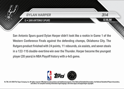 2025 Topps Now Dylan Harper #314 Youngest in NBA Playoff History with 4x5 Game San Antonio Spurs Rookie RC Basketball Card