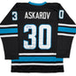 Autographed/Signed Yaroslav Askarov San Jose Black Hockey Jersey Beckett BAS COA
