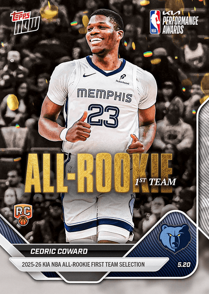 2025 Topps Now Cedric Coward #AR05 2025-26 KIA NBA All Rookie First Team Selection Memphis Grizzlies Rookie RC Basketball Card