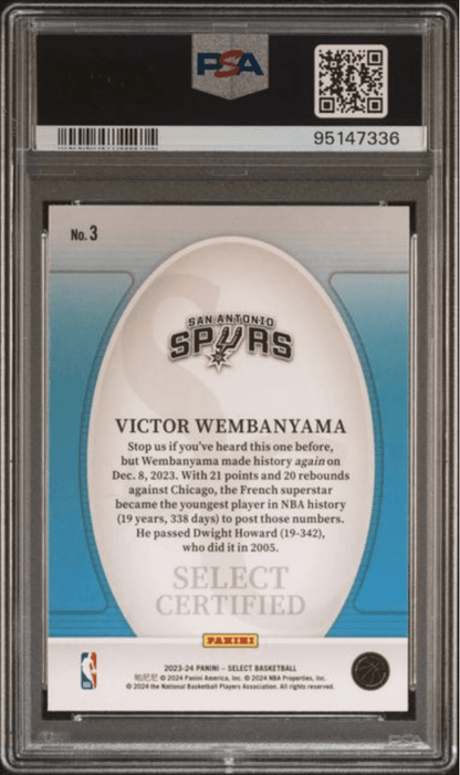 Graded 2023 Panini Select Victor Wembanyama #3 Certified Rookie RC Basketball Card PSA 10 Gem Mint