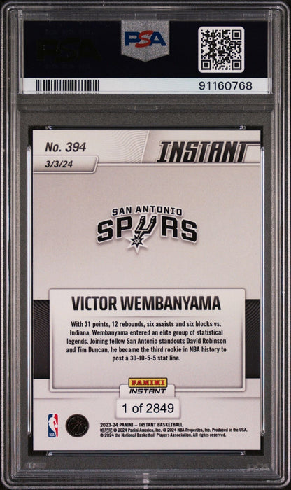 Graded 2023 Panini Instant Victor Wembanyama #394 Joins Elite Group Rookie RC Basketball Card PSA 10 Gem Mint