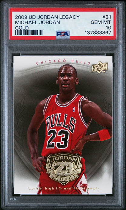 Graded 2009 UD Upper Deck Michael Jordan #21 Legacy Gold Career High FG Basketball Card PSA 10 Gem Mint