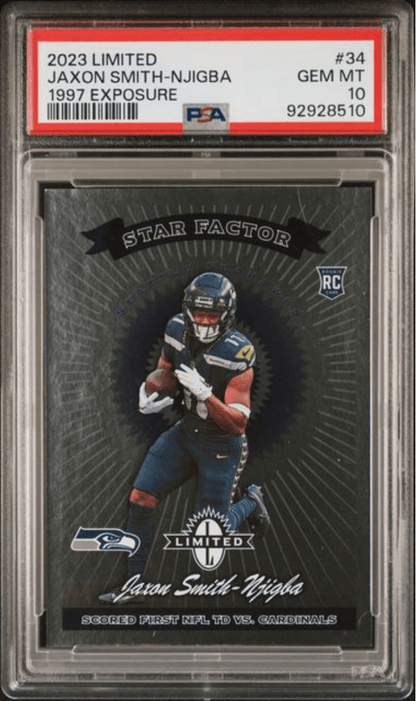 Graded 2023 Panini Limited Jaxon Smith Njigba #34 1997 Exposure Rookie RC Football Card PSA 10 Gem Mint