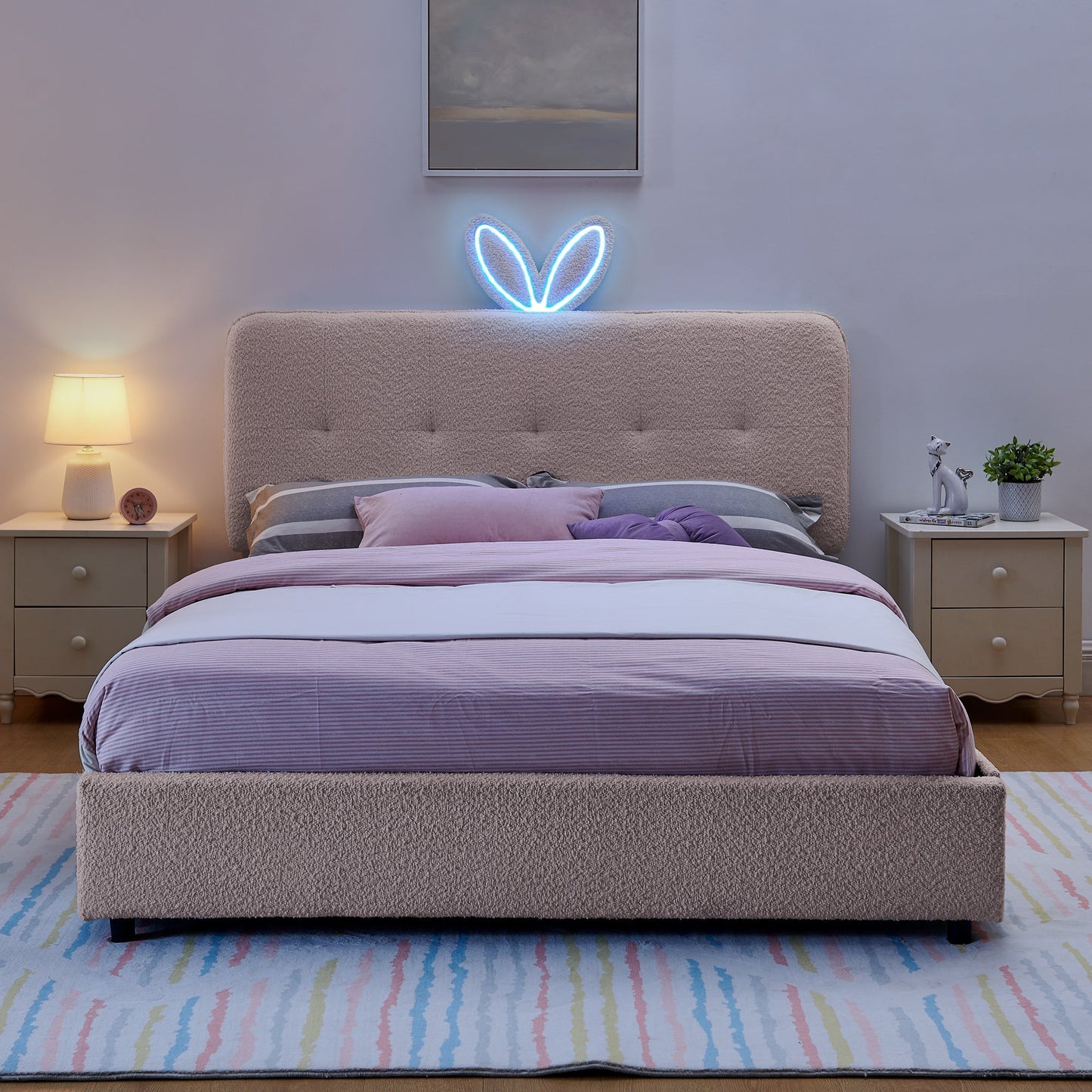 Queen Size Kids Upholstered Bed with Rabbit Ear Headboard & Storage