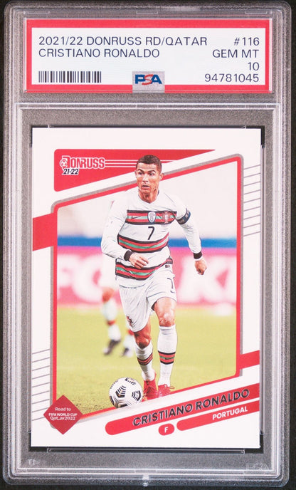 Graded 2021-22 Panini Donruss Road To Qatar Cristiano Ronaldo #116 Portugal World Cup Soccer Card PSA 10 Gem Mint