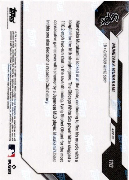 2026 Topps Now Munetaka Murakami #110 Black Foil /10 5th Straight Game with Home Run Ties Ohtanis Mark Chicago White Sox Rookie RC Baseball Card