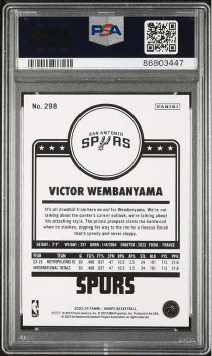 Graded 2023 Panini Hoops Victor Wembanyama #298 Rookie RC Basketball Card PSA 9 Mint