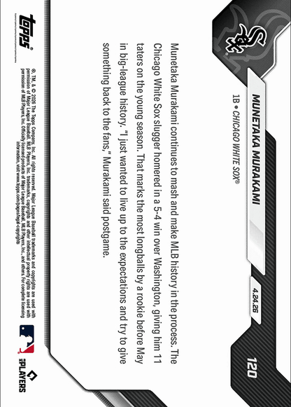 2026 Topps Now Munetaka Murakami #120 11 Home Runs Are Most By Rookie Before May in MLB Lore Chicago White Sox Rookie RC Baseball Card