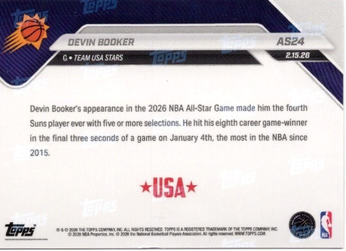 2025 Topps Now Devin Booker #AS24 Platinum Member Stamp 2026 NBA All Star 5th Selection Phoenix Suns Basketball Card