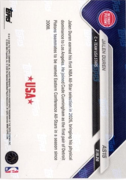 2025 Topps Now Jalen Duran #AS15 Platinum Member Stamp 2026 NBA All Star 1st Selection Detroit Pistons Basketball Card