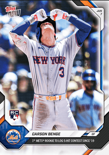 2026 Topps Now Carson Benge #301 1st Mets Rookie to Log 5 Hit Contest Since '19 New York Mets Rookie RC Baseball Card
