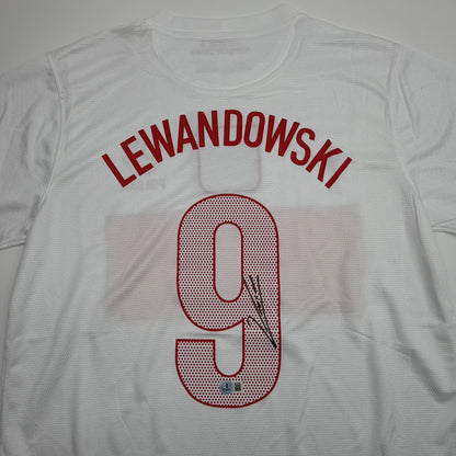 Autographed/Signed Robert Lewandowski Poland White Soccer Futbol Jersey Beckett BAS COA