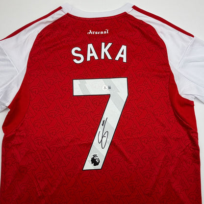 Autographed/Signed Buyako Saka Arsenal Red Soccer Futbol Jersey Beckett BAS COA