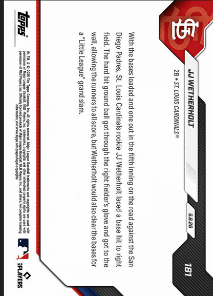 2026 Topps Now JJ Wetherholt #181 Black Foil /10 Little League Grand Slam Sparks Cardinals to Victory St Louis Cardinals Rookie RC Baseball Card