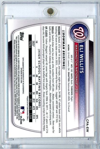 2025 Topps Bowman Chrome Eli Willits #CPAEW 1st Bowman Auto Rookie RC Baseball Card