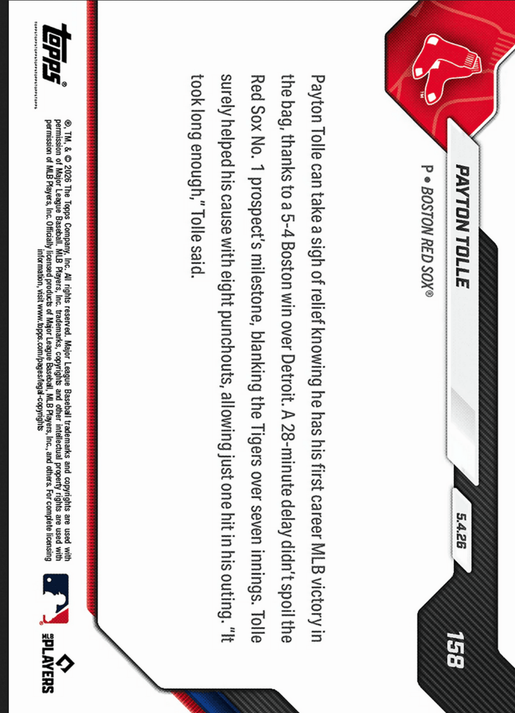 2026 Topps Now Payton Tolle #158 Orange Foil /25 7 Scoreless Frames, 8Ks Collect 1st MLB Win Boston Red Sox Rookie RC Baseball Card