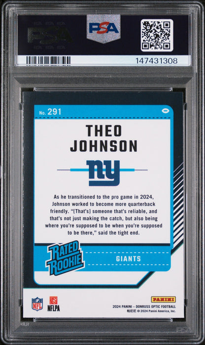 Graded 2024 Panini Donruss Optic Theo Johnson #291 Rookie RC Football Card PSA 8 Near Mint