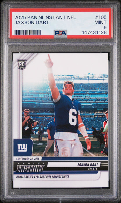 Graded 2025 Panini Instant Jaxson Dart #105 Rookie RC Football Card PSA 9 Mint