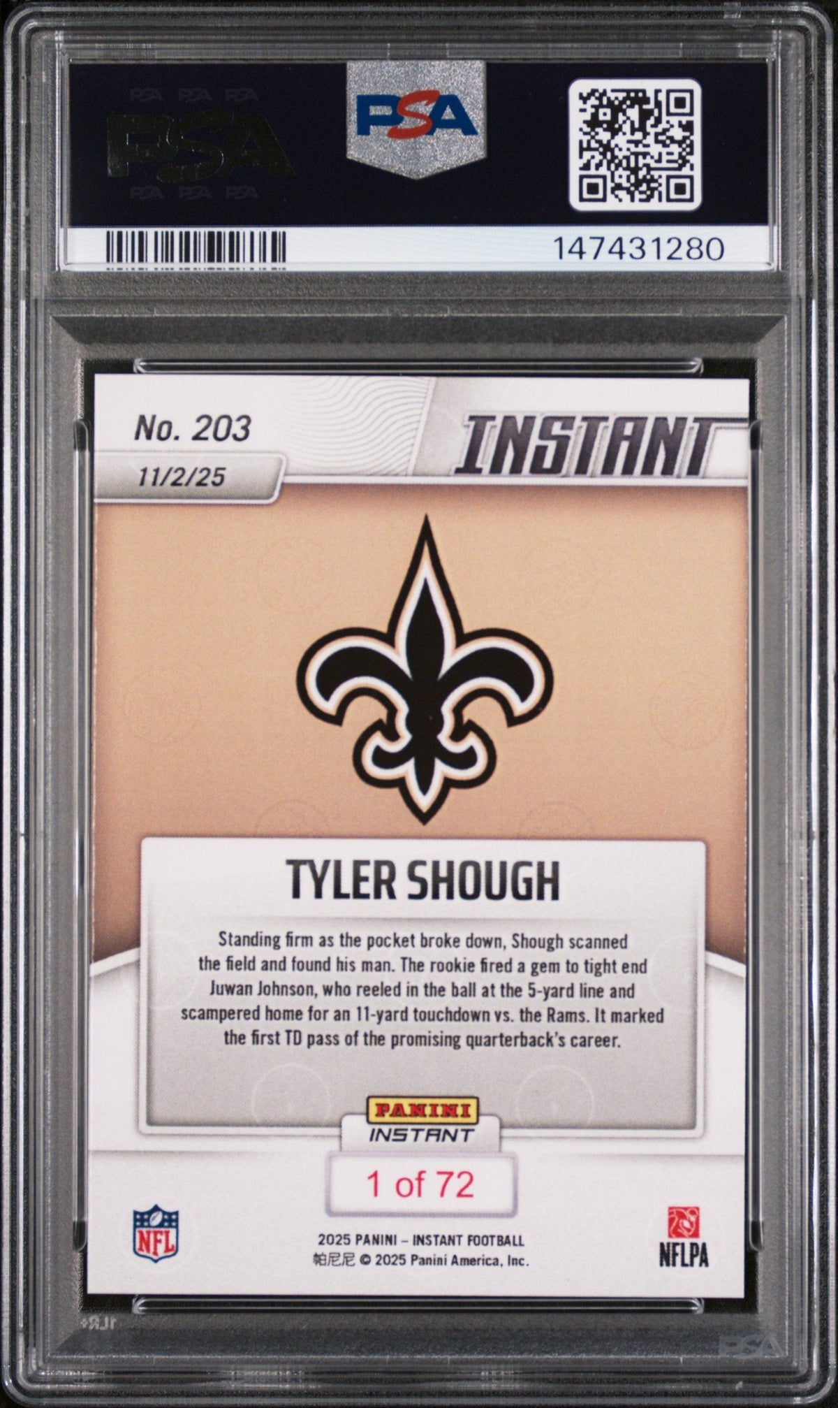Graded 2025 Panini Instant Tyler Shough #203 Rookie RC Football Card PSA 10 Gem Mint