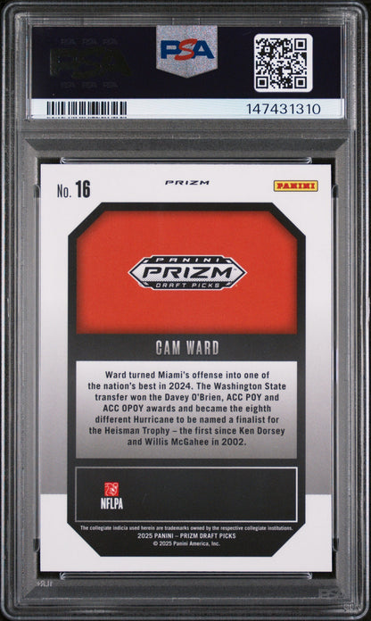 Graded 2025 Panini Prizm Draft Picks Cam Ward #16 New Recruits Green Rookie RC Football Card PSA 10 Gem Mint