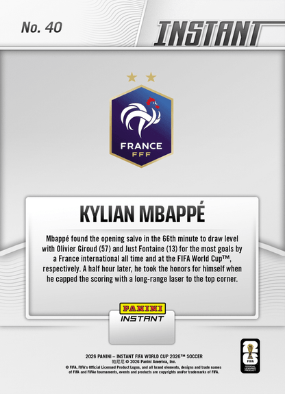2026 Panini Instant FIFA World Cup Kylian Mbappe #40 Roi De France: Mbappe Takes Team Goals Crown France Soccer Card
