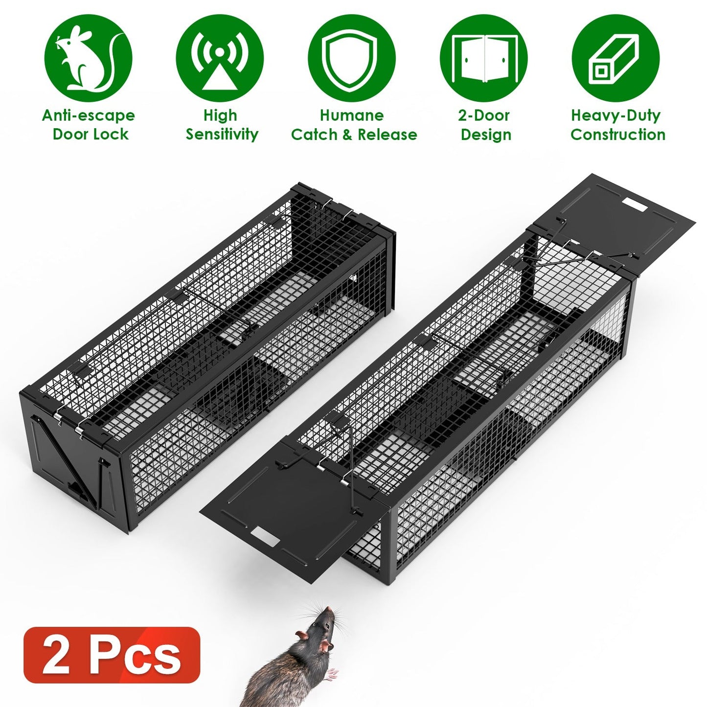 2-Pack Humane Live Rat Trap Cage with Dual Doors