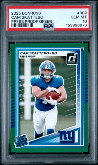Graded 2025 Panini Donruss Cam Skattebo #302 Press Proof Green Rookie RC Football Card PSA 10 Gem Mint