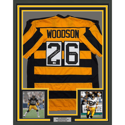 Framed Autographed/Signed Rod Woodson 35x39 HOF 09 Pittsburgh Bumbe Bee Football Jersey Beckett BAS COA