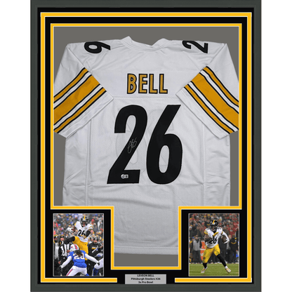 Framed Autographed/Signed Le'Veon LeVeon Bell 35x39 Pittsburgh White Football Jersey Beckett BAS COA