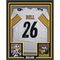Framed Autographed/Signed Le'Veon LeVeon Bell 35x39 Pittsburgh White Football Jersey Beckett BAS COA