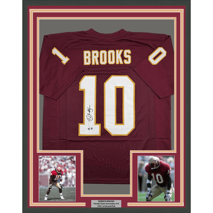 Framed Autographed/Signed Derrick Brooks 35x39 Florida State FSU Maroon College Football Jersey Beckett BAS COA
